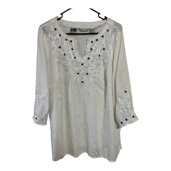 Edward Woman Irish Linen Embroidered Top 2X White Tunic Blouse – Boho Peasant St - Picture 1 of 8
